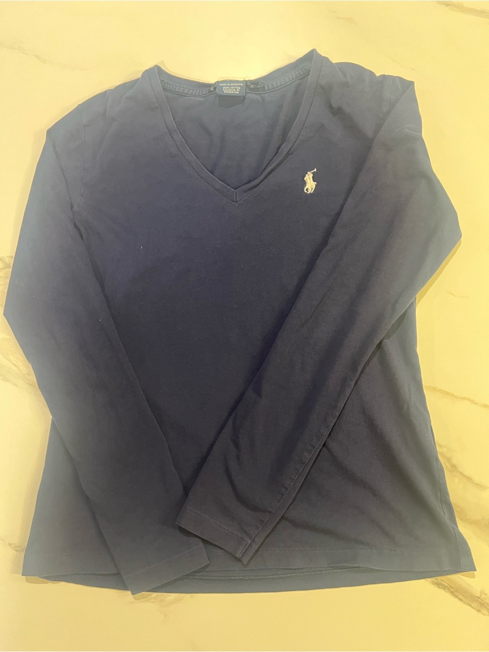 Ralph Lauren Navy V-Neck Long Sleeve Tee with Polo Pony